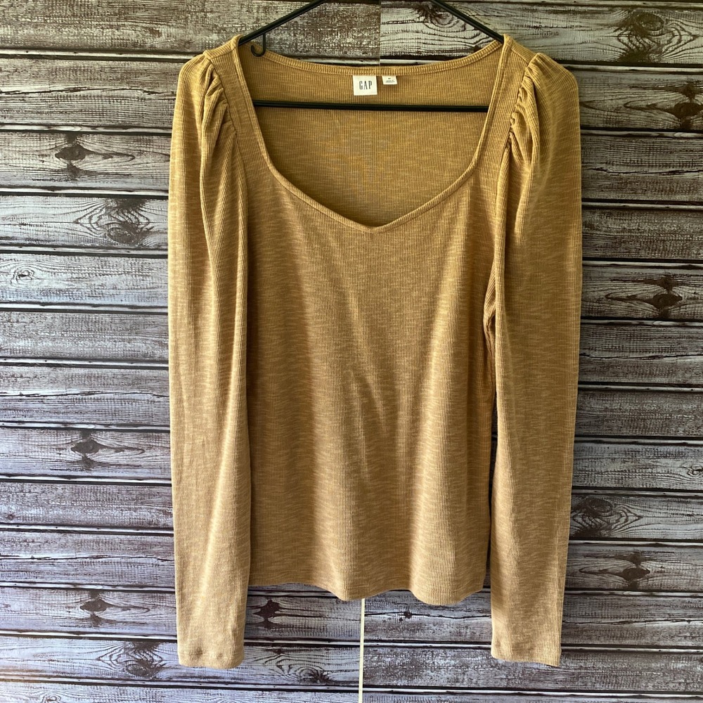 Gap Women's Long-Sleeved Top Size M Beige Ribbed Puff Sleeve